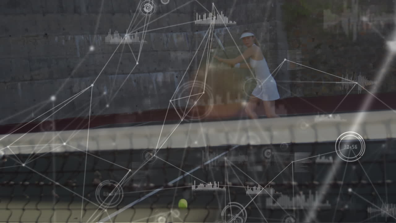 테니스 코트에서 여성 테니스 선수에 대한 연결 네트워크의 애니메이션