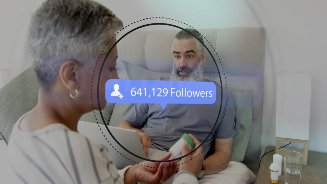Man speaking, starting health badge climbing to 679,402 while woman tapping pill bottle in bedroom