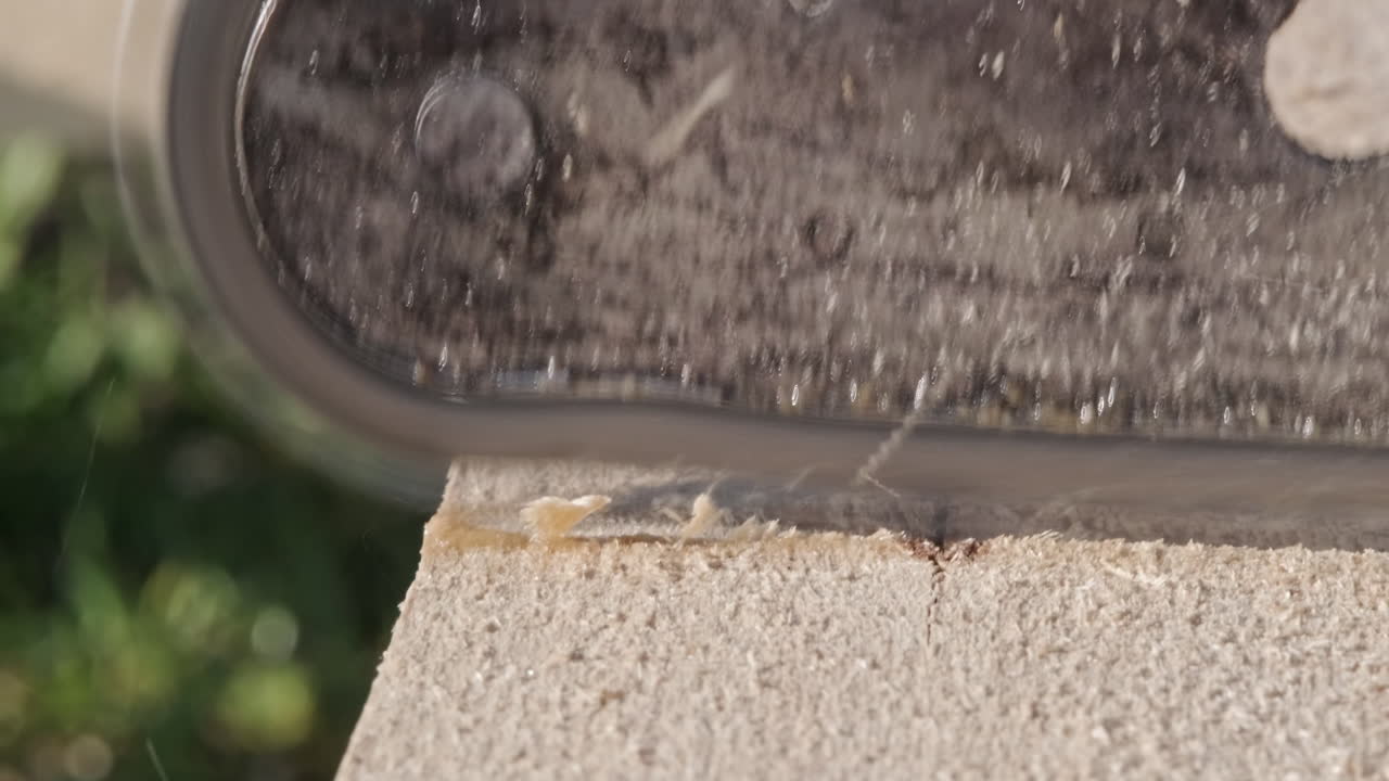 전기톱 절단 나무의 매크로 보기 - 목수 야외 작업