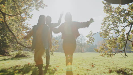 friends walking in a park on a sunny autumn day