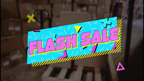 colorful geometric shapes with animation over warehouse background for flash sale