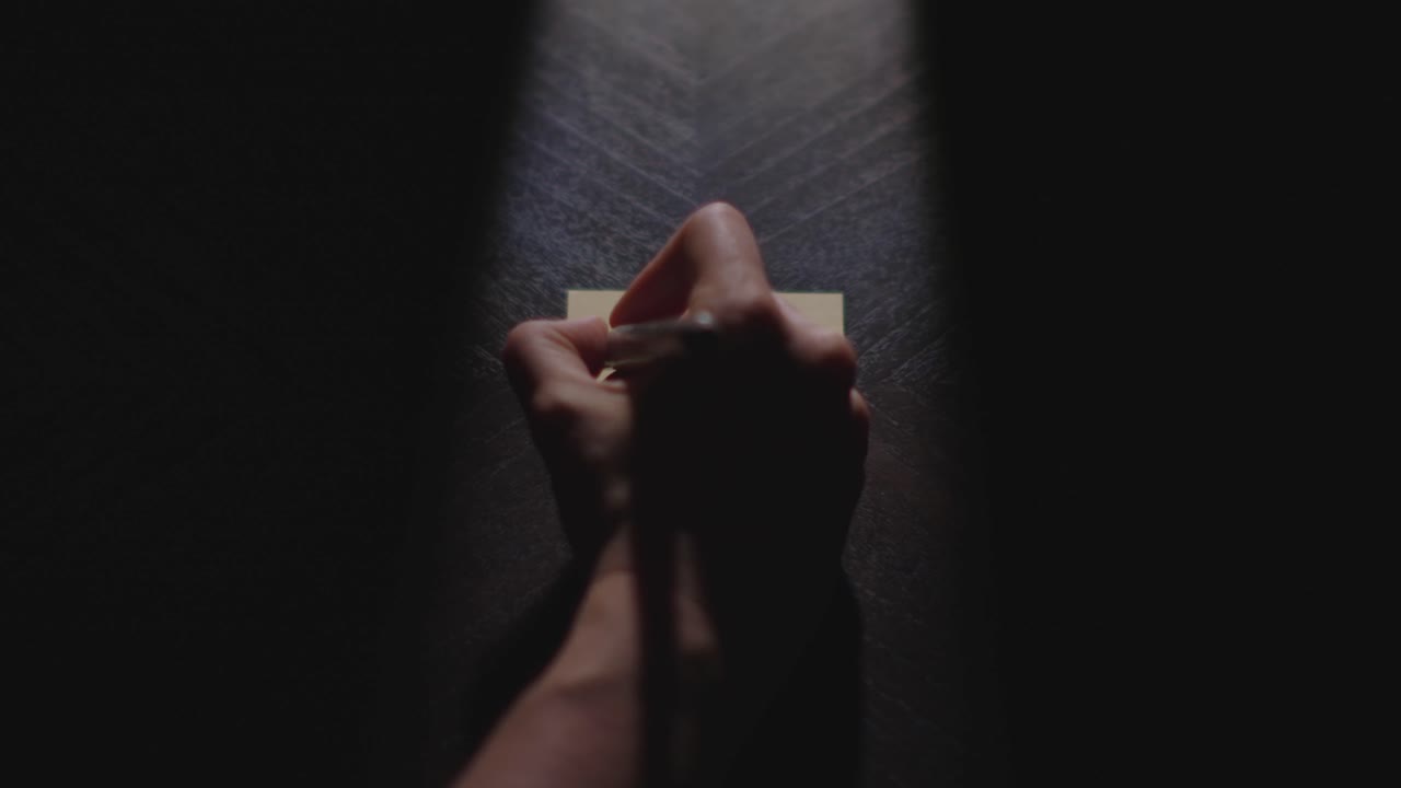Slow motion close up footage of a hand writing out "Tomorrow" and drawing an arrow on a paper note and placing it on a table. Shot in dramatic lighting for an impressive title or transition
