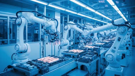 advanced industrial automation: a glimpse into robotic arms working seamlessly in a high-tech manufacturing environment
