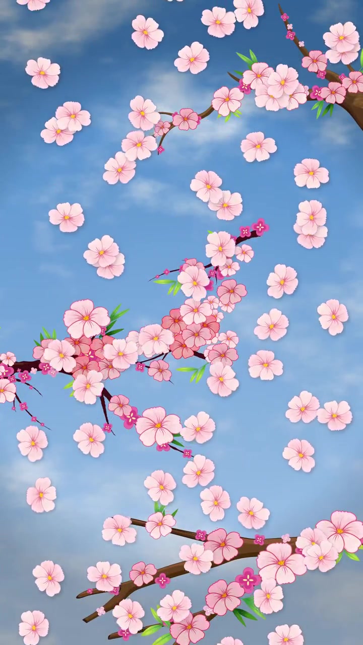 Petali animati di fiori di ciliegio rosa che scendono delicatamente contro un cielo azzurro brillante e nuvoloso