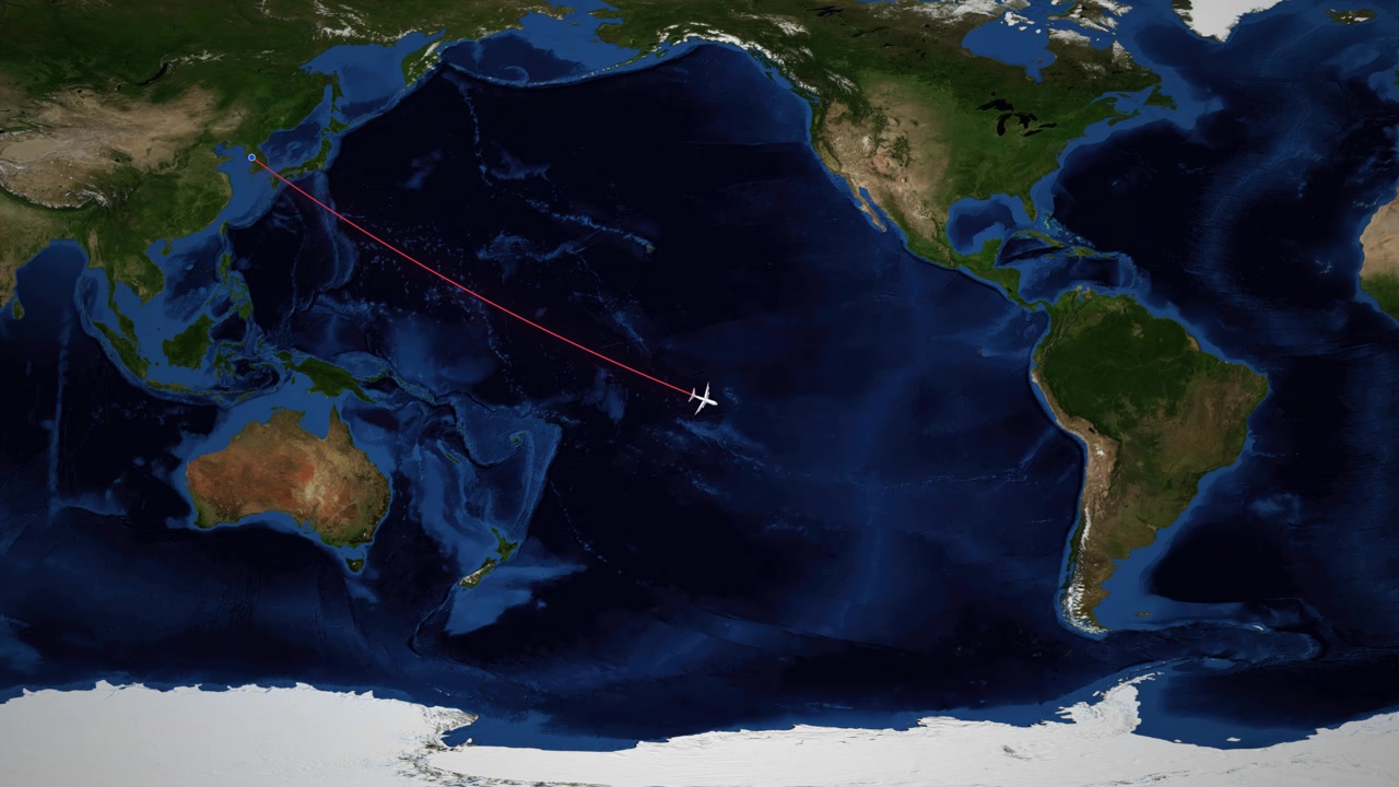 Global map animation follows airplane icon traveling from Seoul to Buenos Aires across the Pacific
