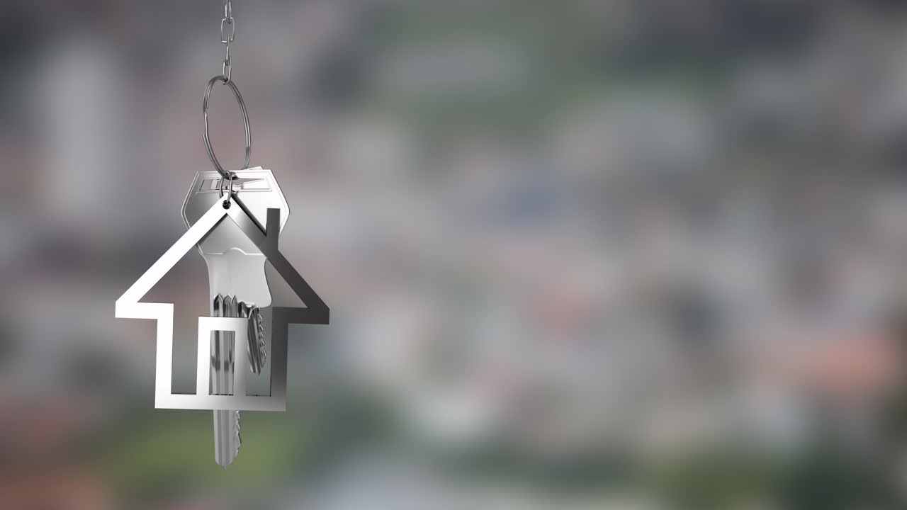Animazione di un portachiavi a forma di casa con chiavi su un paesaggio urbano sfocato