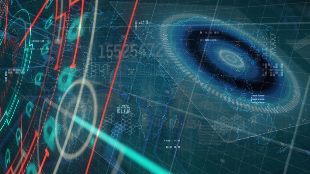 animación de la interfaz con escáner redondo, procesamiento de datos y cambio de números contra el mapa del mundo.