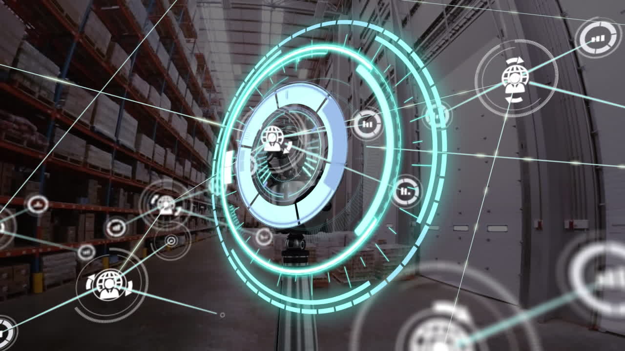 animación de círculos, iconos conectados, brazo robótico sobre vista de ángulo bajo de estantes en el almacén.