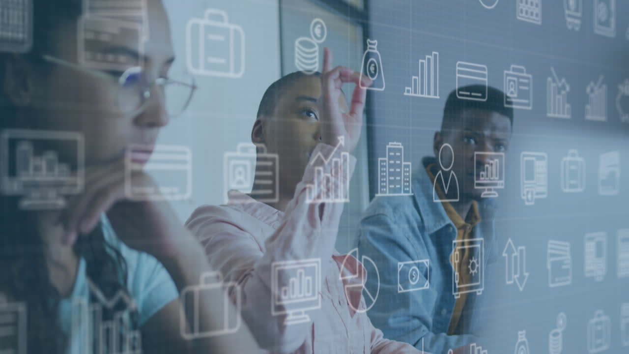 Animation of multiple icons over diverse coworkers sharing ideas in office