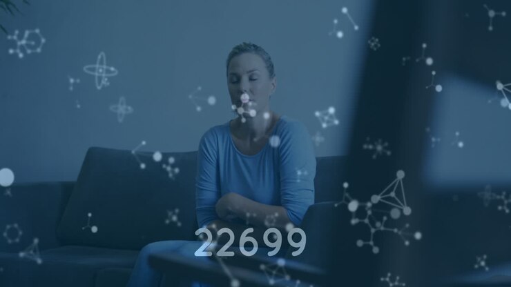 Animation of medical data processing over caucasian woman on couch