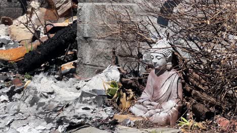 handheld close-up panning shot of a surviving buddha statue amongst burned rubble after the eaton fire in altadena, california. 4k