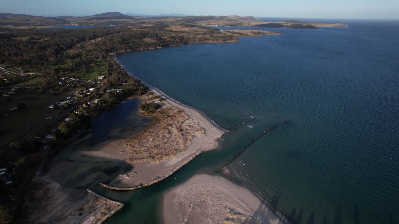 Orford Passage, Orford Beach, And River In Tasmania, Australia - Drone Shot