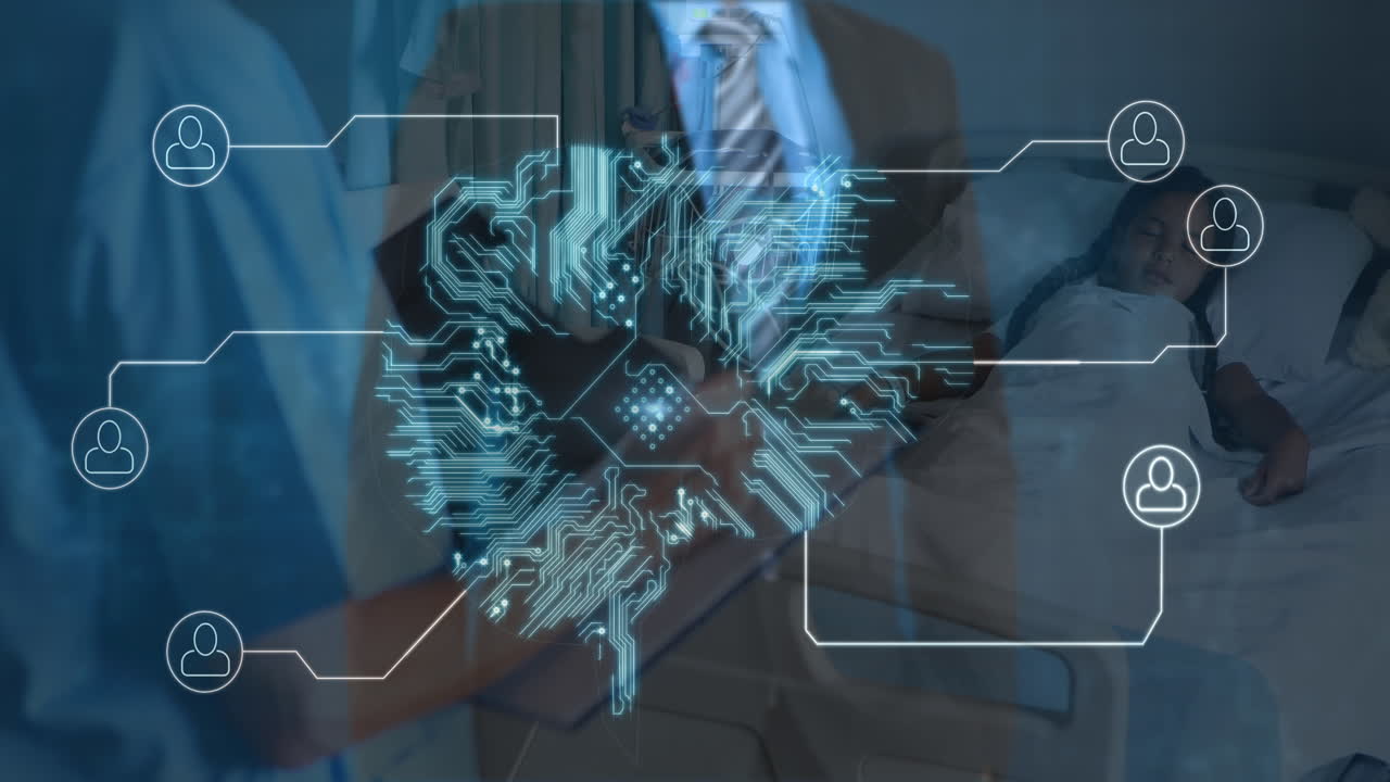 animación de hombre de negocios caucásico y cerebro con placa de circuito de computadora sobre diversos médicos