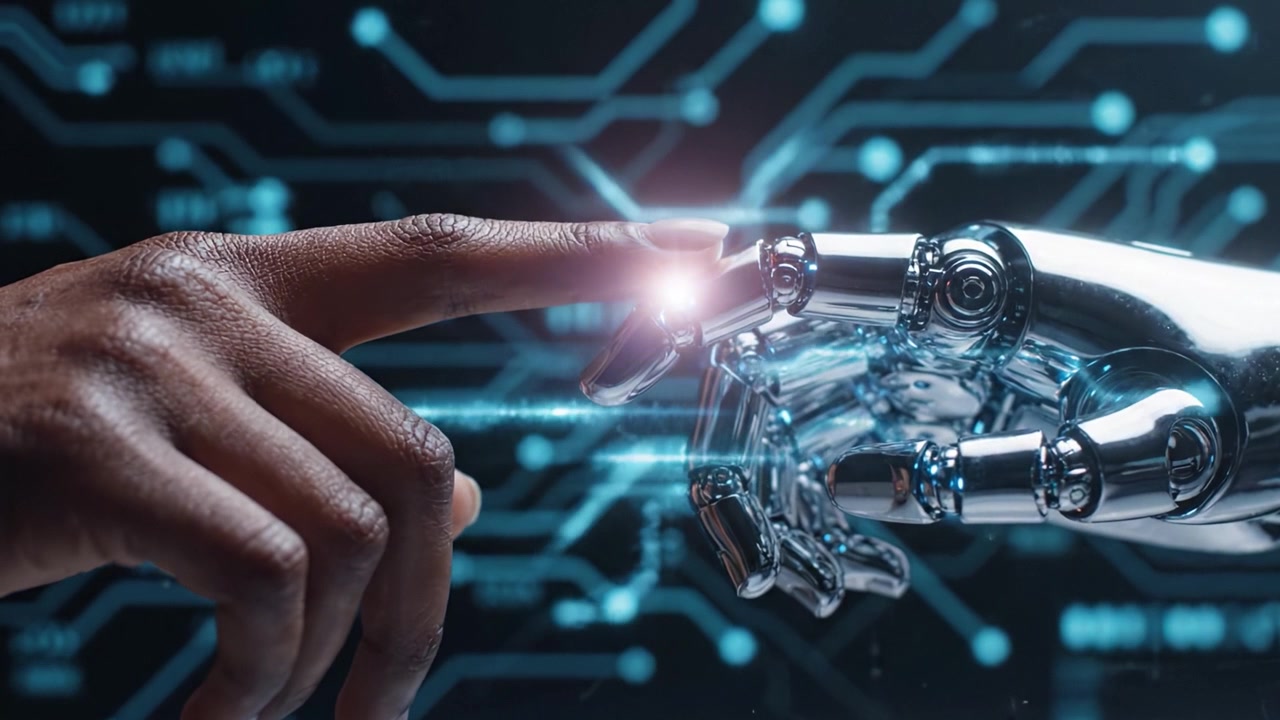 The Intersection of Humanity and Technology: An Intimate Moment Between a Human Hand and a Robotic Hand Symbolizing Innovation and Connection