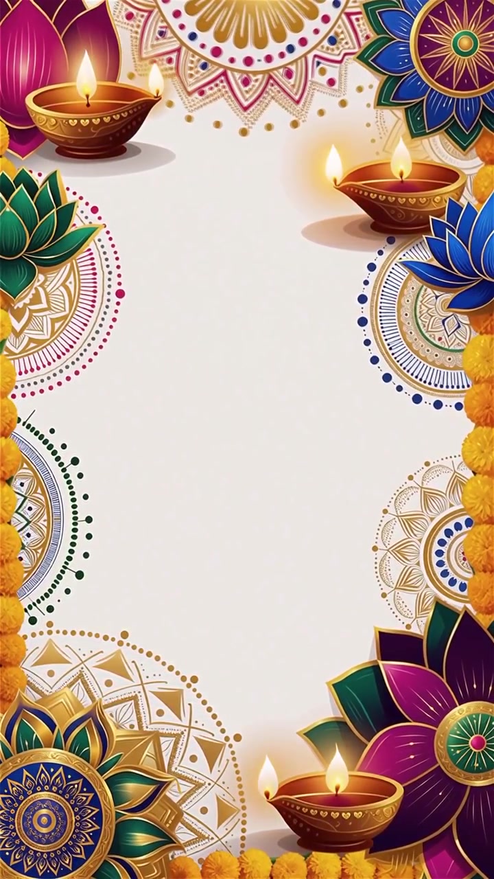 Sfondo Diwali con Diyas luminosi, Rangoli e fiori di loto