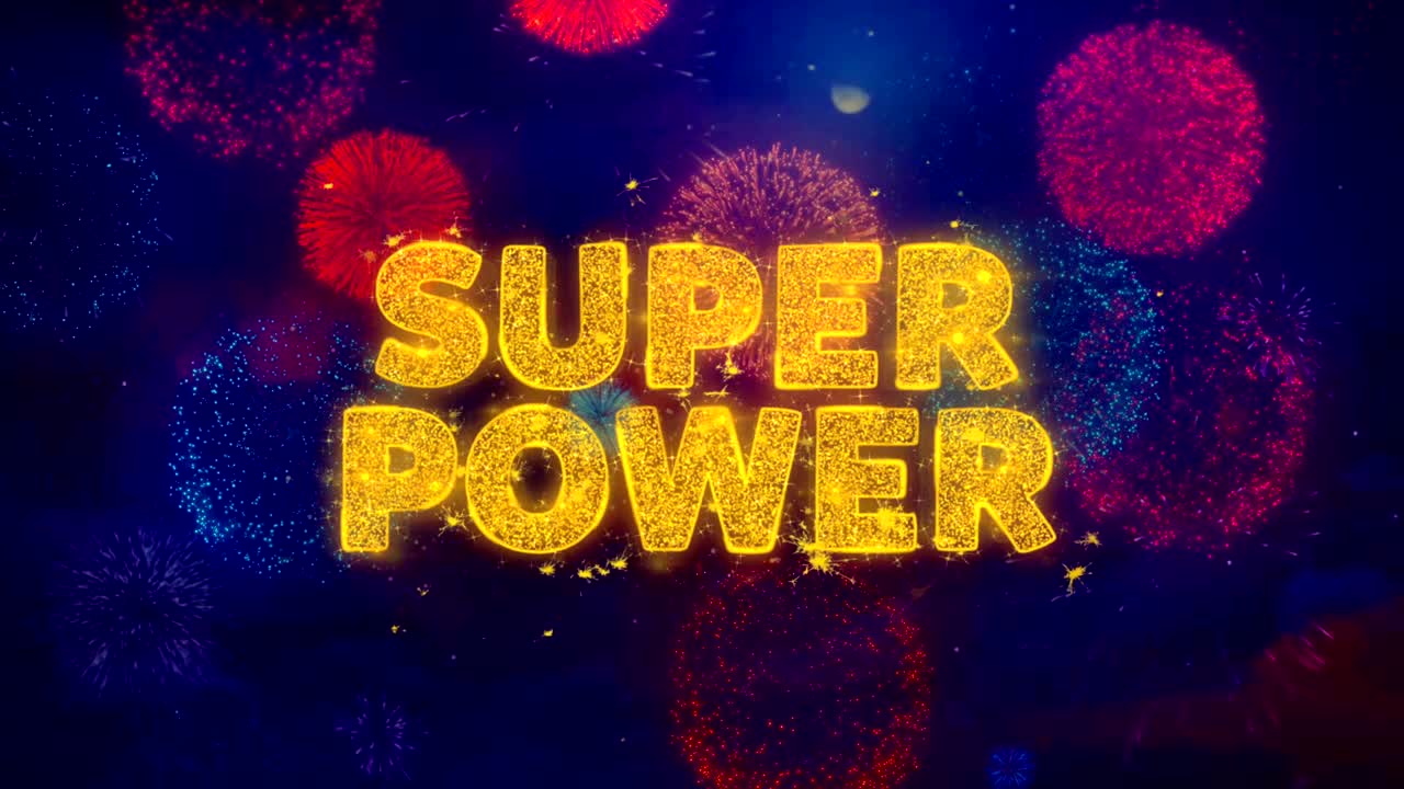 Texto de Super Poder em Partículas Coloridas de Explosão de Fogos de Artifício