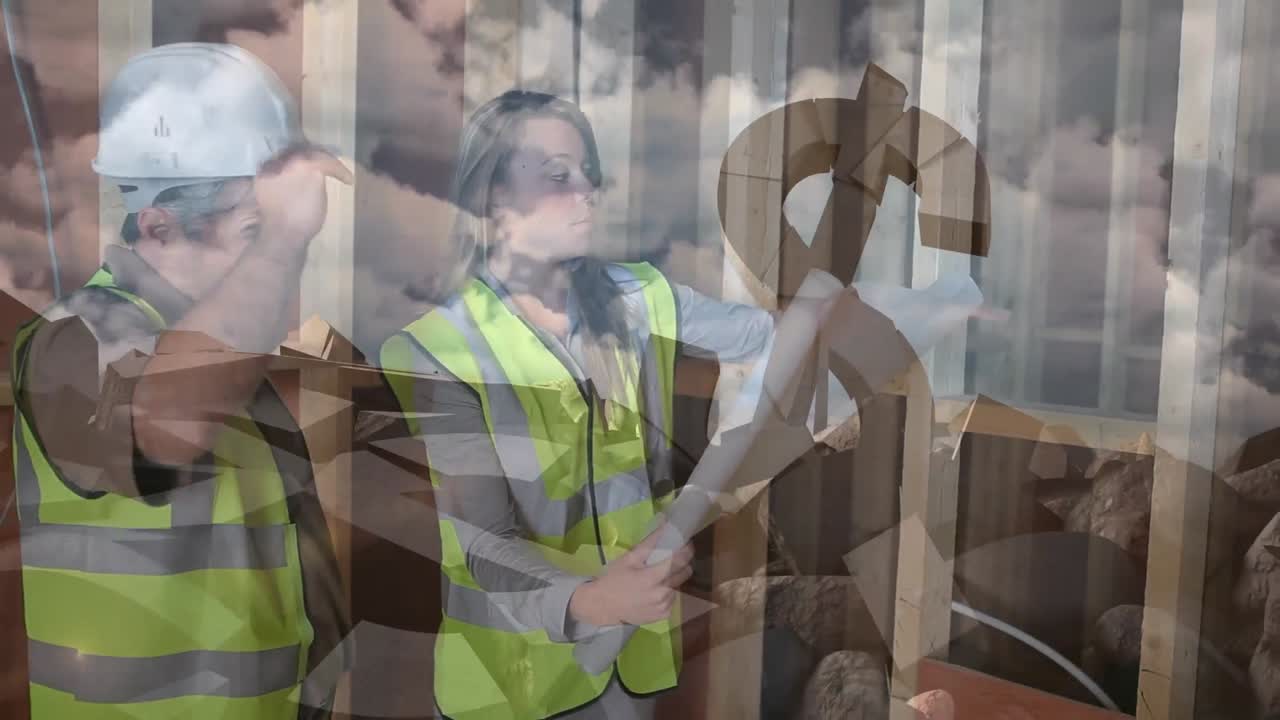 animación de dólares sobre los trabajadores del sitio que trabajan en los planes.