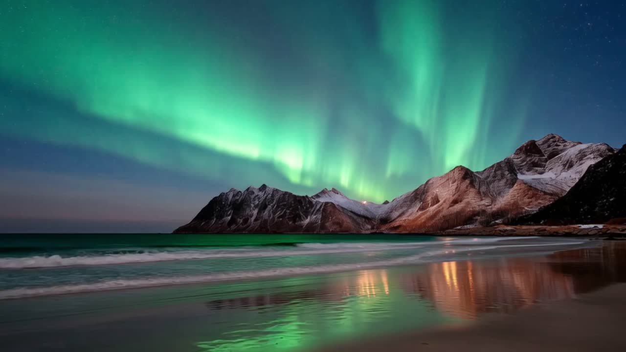 Aurora Borealis over a serene beach landscape with mountains and reflective waves