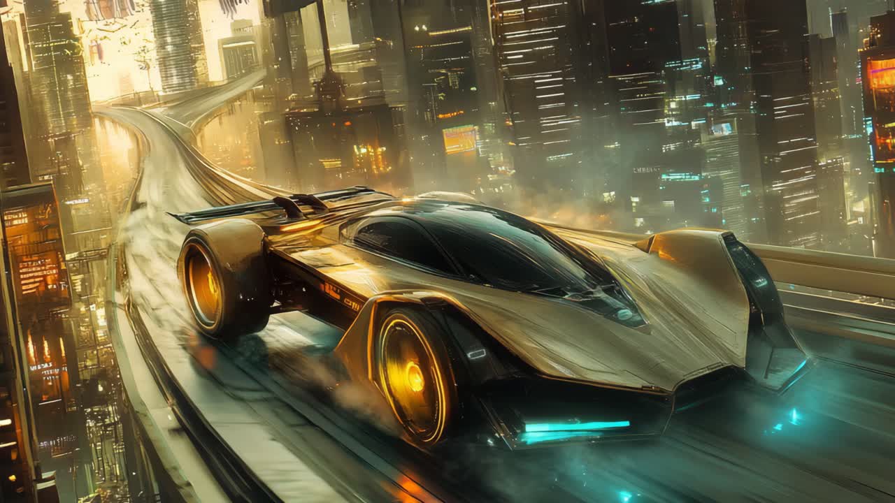 Futuristic Gold Car on a Night City Highway
