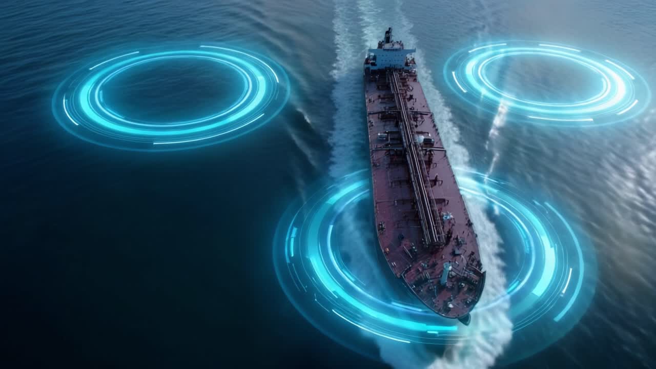 Una grande petroliera naviga attraverso acque oceaniche calme. Cerchi futuristici di energia blu brillano intorno alla nave. La tecnologia suggerisce sistemi avanzati di tracciamento o sicurezza. Ideale per il settore marittimo, la logistica.