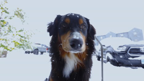 black tri australian shepherd puppy playing in snow covered sidewalk in montana, 4k