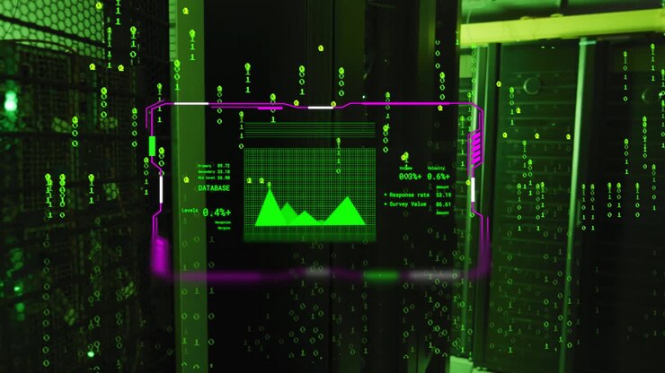 Animation of chart on interface screen and binary data processing over dark computer servers