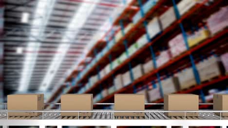 Animation-of-cardboard-boxes-moving-on-conveyor-belt-over-warehouse