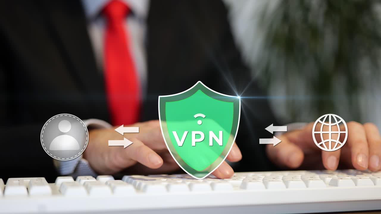 Animation of businessman typing on a keyboard with a glowing green VPN shield icon, representing secure digital privacy and encrypted connection wifi connection