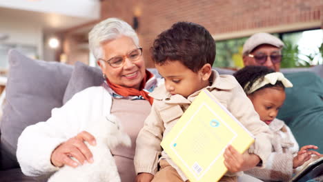 grandparents and grandchildren enjoying a story time together