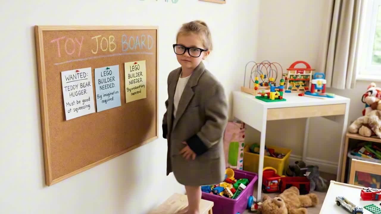 Cute Little Girl Pins Notes to Toy Job Board in Playroom