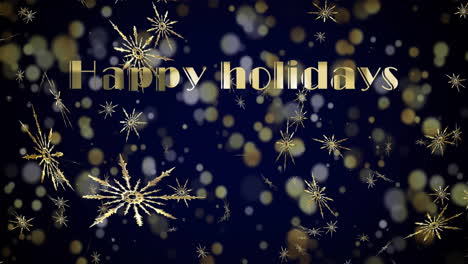 happy holidays text animation over golden snowflakes and bokeh lights on dark backdrop
