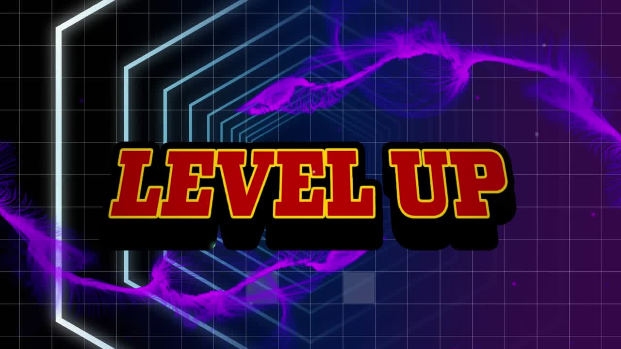 Animation of level up text banner over purple digital waves against concentric hexagonal shapes