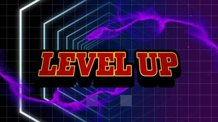 Animazione di un banner di testo 'level up' su onde digitali viola, su uno sfondo di forme esagonali concentriche.