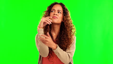 Thinking, green screen and woman scale balance