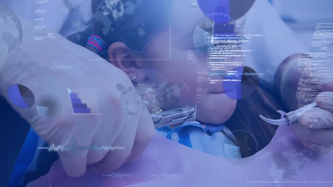 치과의사 의자에 있는 소녀에 대한 데이터 처리 애니메이션