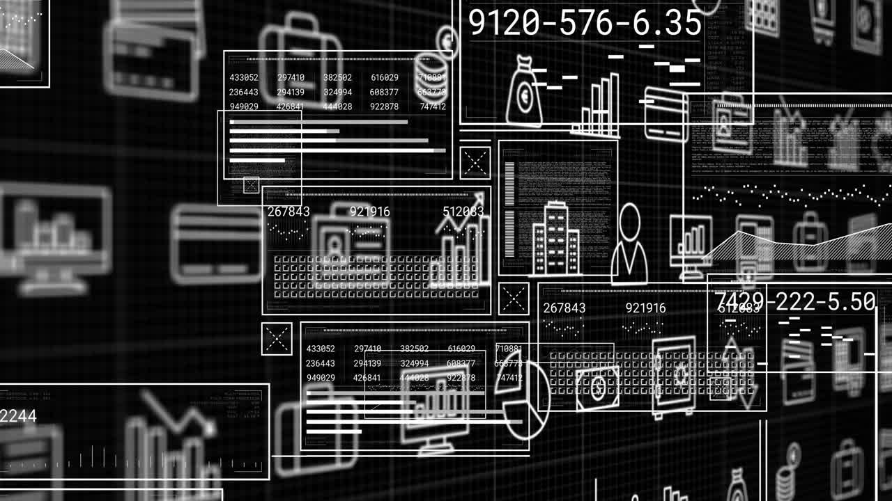 Animation of digital data and analytics icons on black grid background