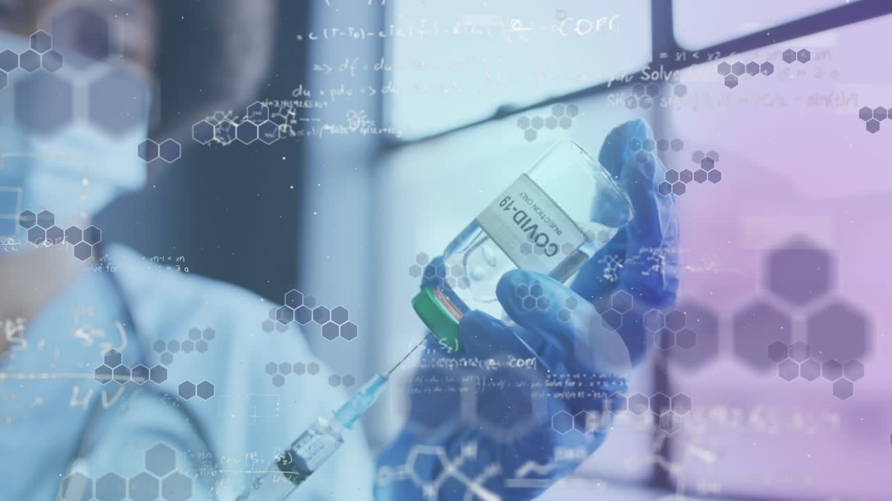 Animation of chemical structures over african american female doctor preparing vaccine