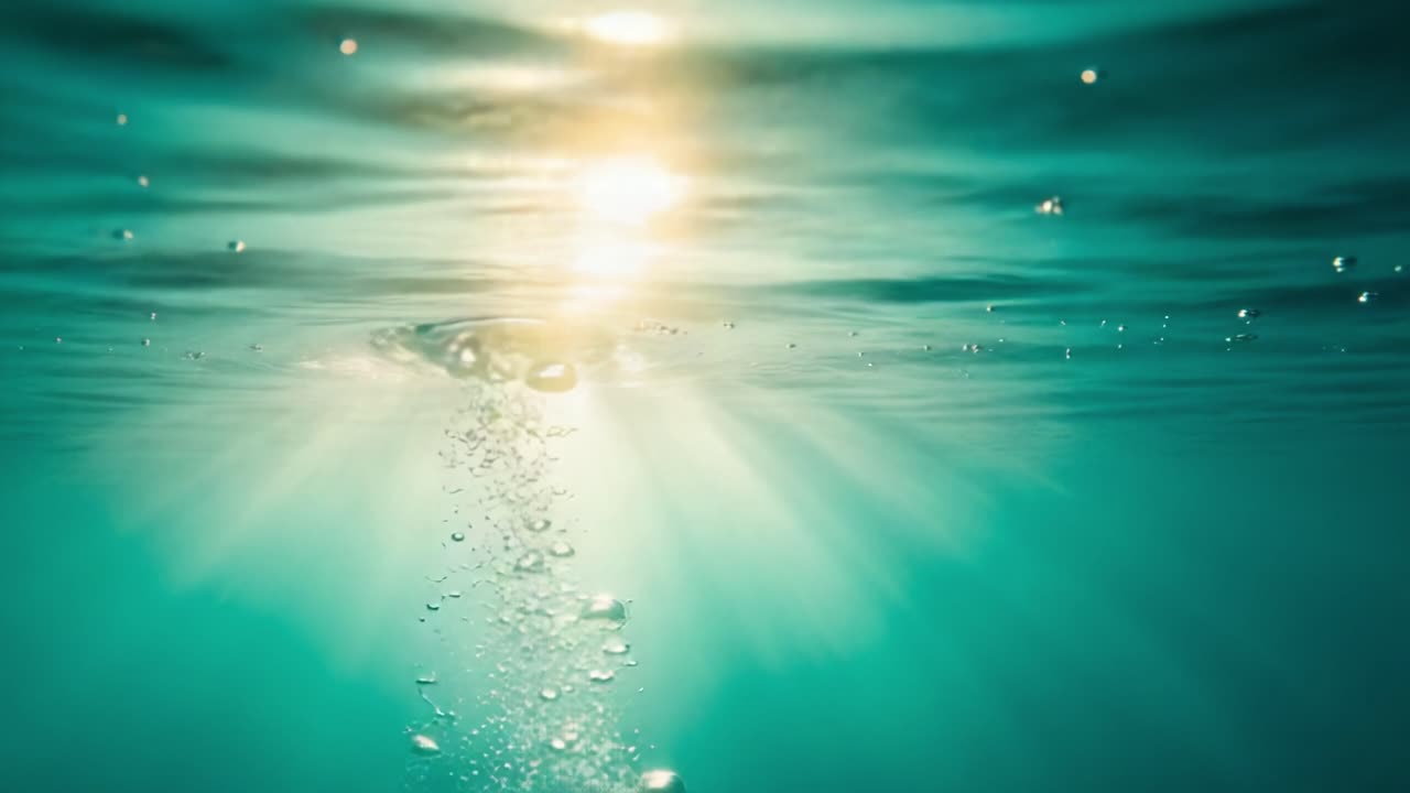 Bubbles Rising Through Crystal Clear Water with Sunlight Glimmering on the Surface Creating a Serene Underwater Atmosphere and Tranquil Natural Beauty