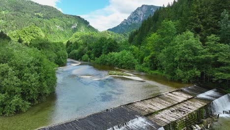 Logar-Valley-Savinja-River-Waterfall-Slovenian-Travel-Landscape-Aerial-Drone-Shot-above-Beautiful-Nature,-Eastern-Europe