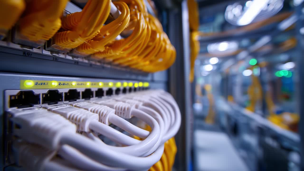 A Close-Up View of Network Switch with Yellow and White Ethernet Cables, Showcasing Efficient Data Connections and Modern Infrastructure for Connectivity