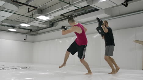 fighter strikes with a turn during the rotation of the leg. coach holds paws for kick-boxer training before fight