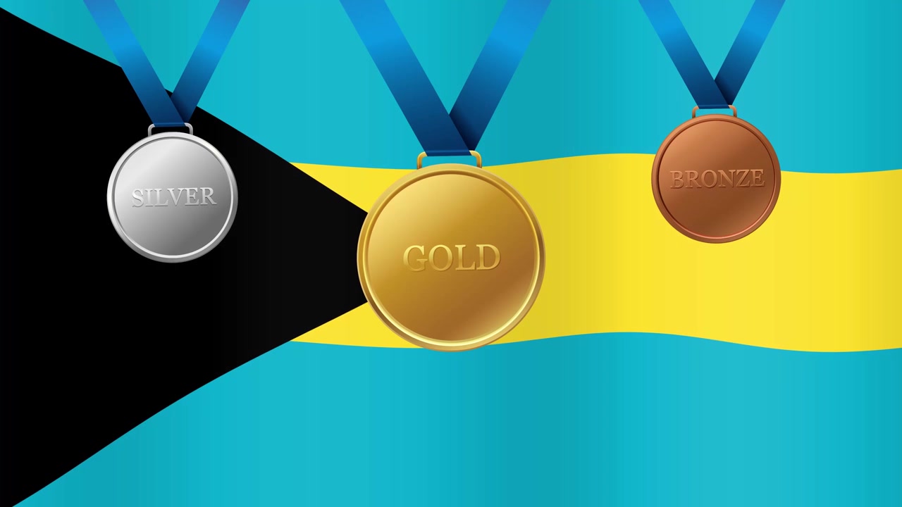 Fondo animado de la bandera de Bahamas con medallas de oro, plata y bronce colgando de cintas azules.