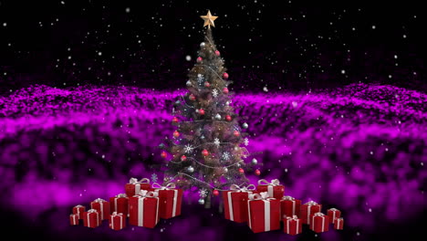 animación del árbol de navidad sobre la ola brillante en movimiento de puntos púrpuras en fondo oscuro