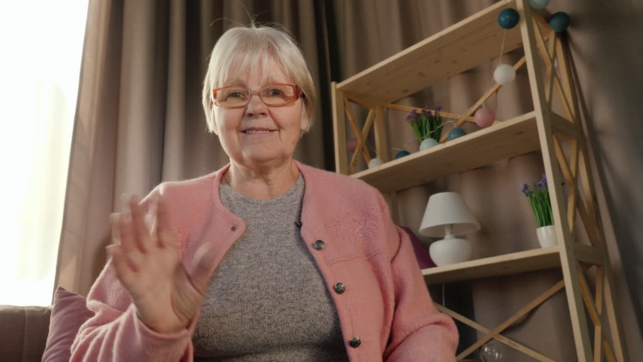 노인 여성은 노트북 카메라에서 비디오 링크 보기를 통해 통신합니다.