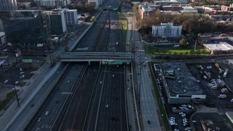 camera zooms out to reveal highway junction moving traffic, downtown atlanta, georgia, usa