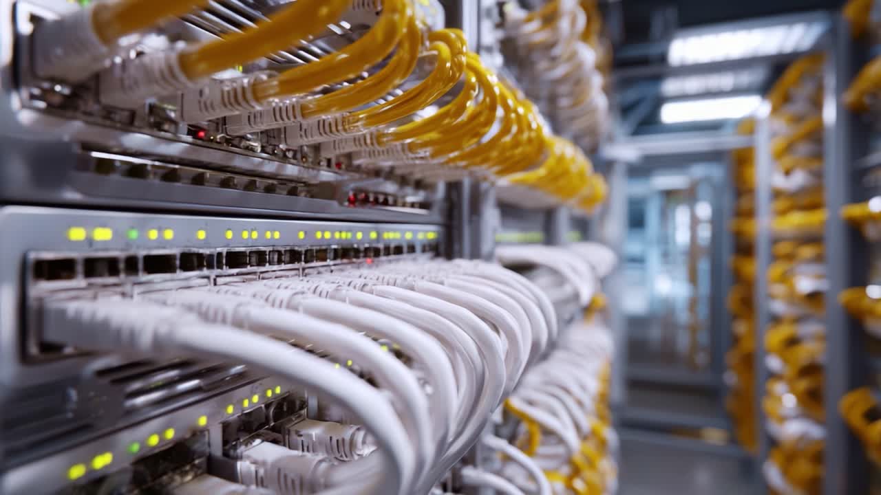 Detailed View of Network Cables and Connections in a Data Center, Showcasing Yellow and White Cables Alongside Illuminated Switches and Equipment in the Background