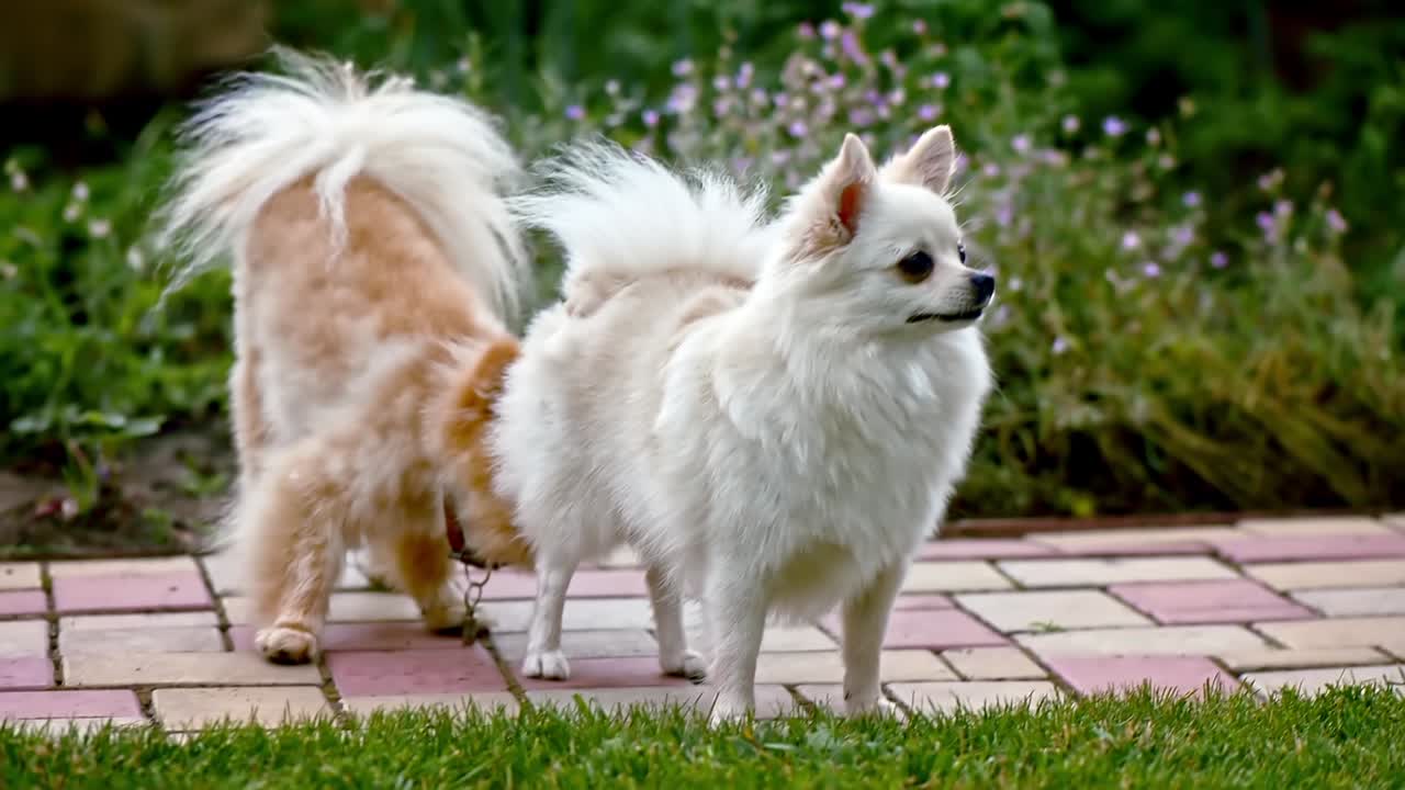 Two small pomeranian spitzes looking around in the house's garden. Slow motion