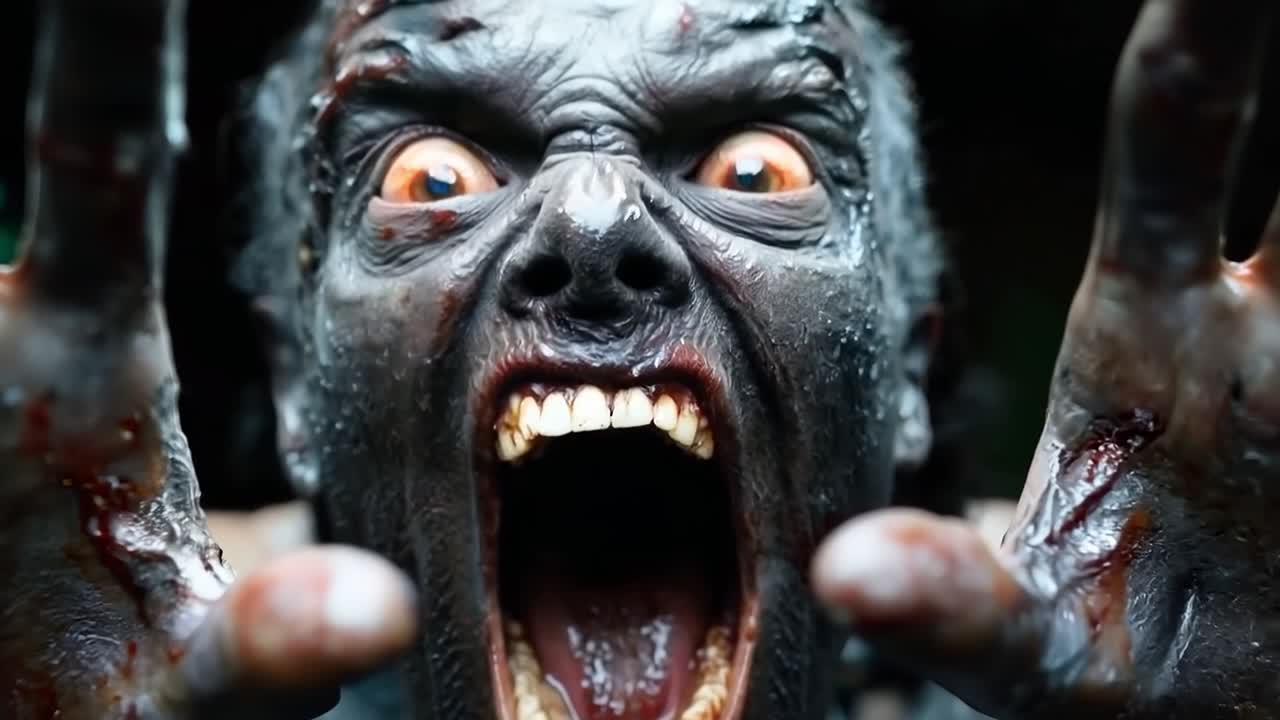 un primer plano de un gorila con las manos extendidas en el aire