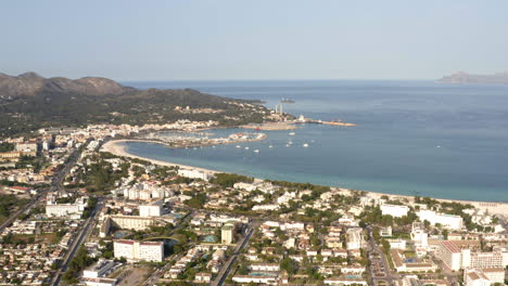 Seaside-residential-Alcudia-city-area-on-mediterranean-coast,-Mallorca