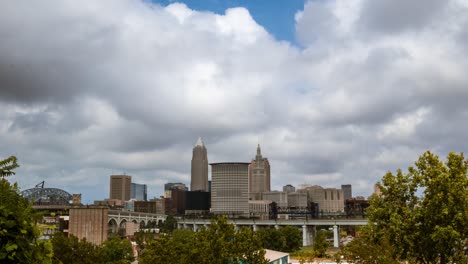 Cleveland,-Ohio-time-lapse-of-the-downtown-skyline-with-dramatic-clouds-passing-by